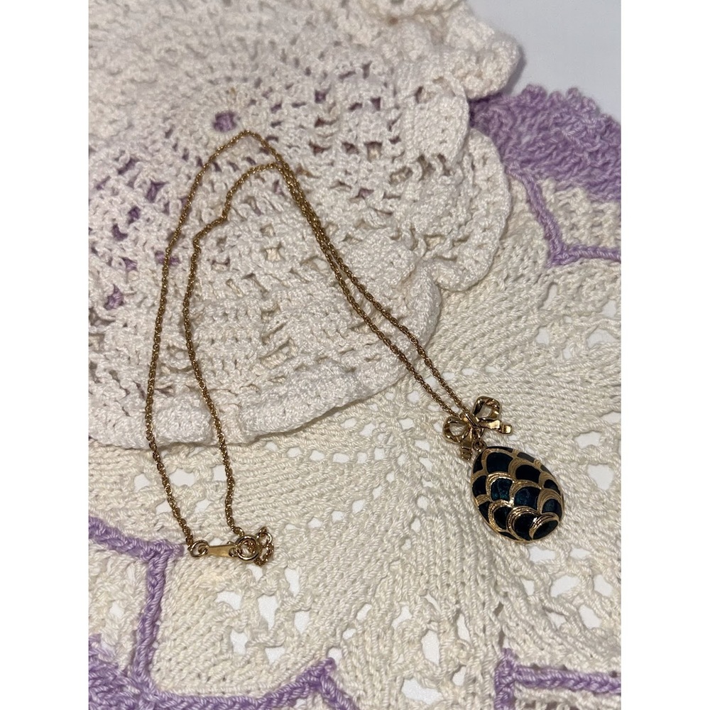 Stylish Green Enamel Egg and Bow Gold-Tone Necklace & Pendant